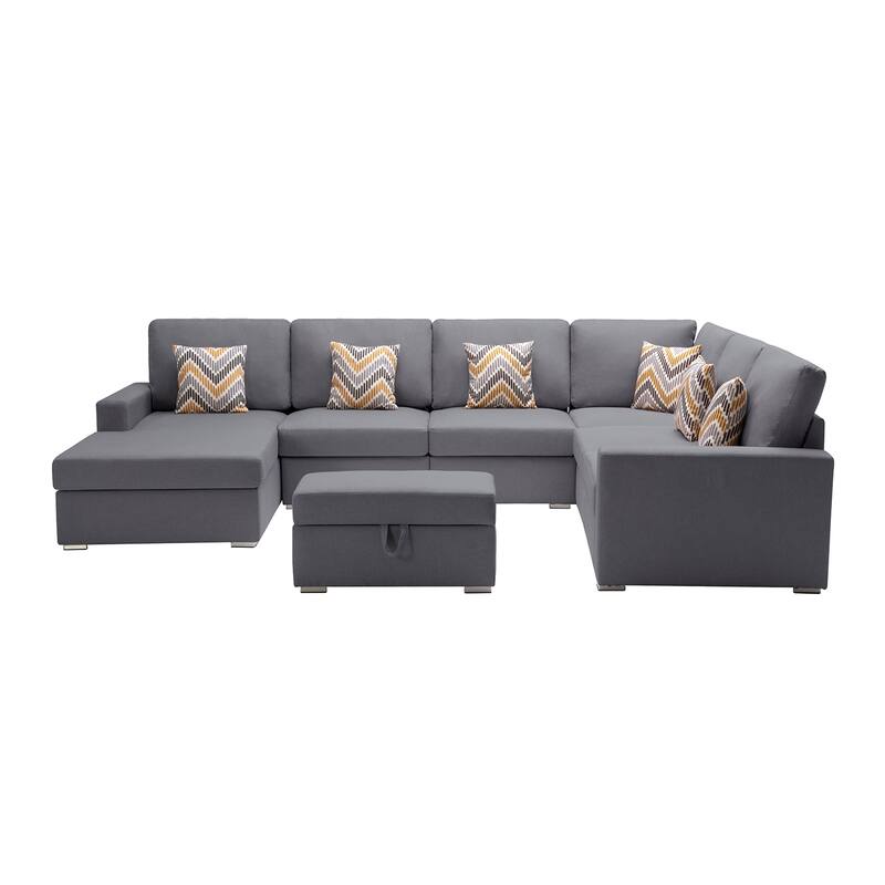 Linen Fabric 7 Piece Reversible Chaise Sectional Sofa with Interchangeable Legs, 7 Pillows and Storage Ottoman - Gray