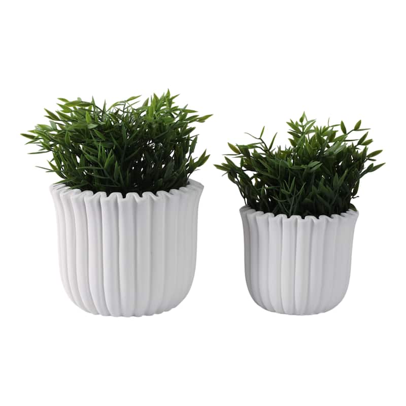 Pottery Cement Planters Textured Ribbed Sculptural Design (Set of 2) - 7.5" x 7.5" x 6"