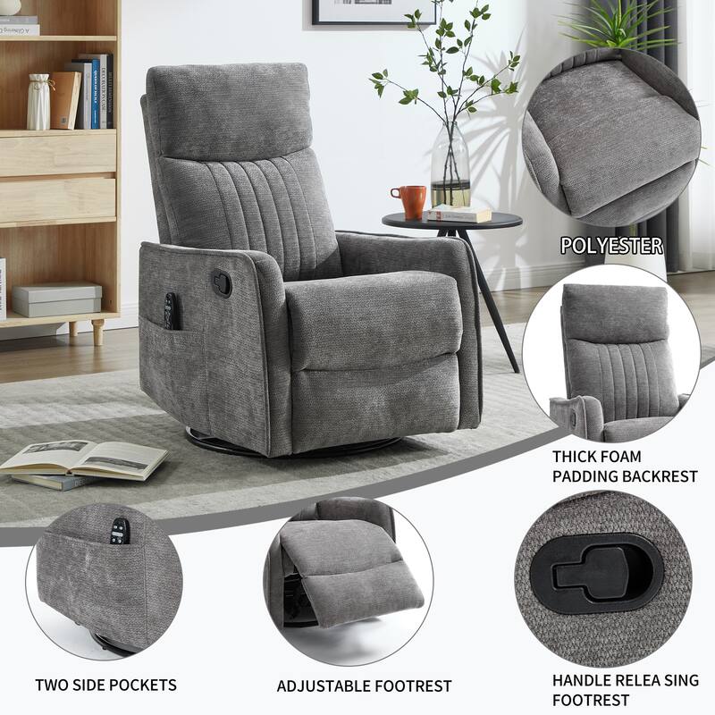 Roomfitters Swivel Rocker Recliner Chair, Manual Fabric Massage Glider Sofa with Heat and 360-Degree Pivot, Living Room