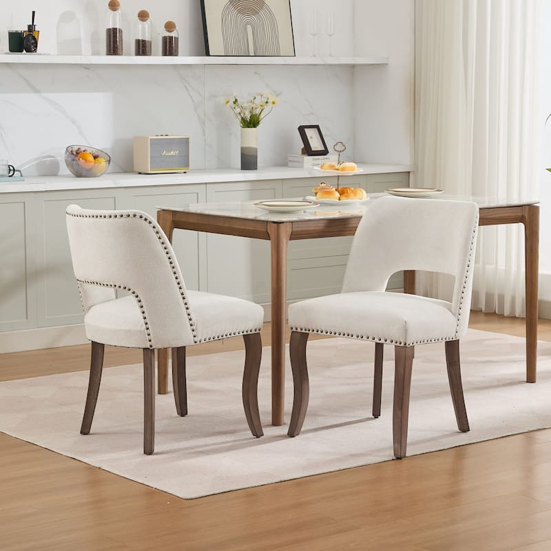 Fabric Upholstered Dining Chairs Set of 2, Kitchen Chairs with Curved Backrest, Accent Chair with Solid Wood Legs