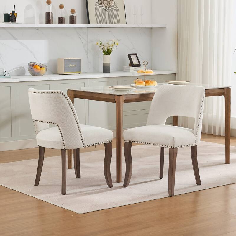 Modern Fabric Upholstered Dining Chairs Set of 2, Farmhouse Wooden Dining Room Chairs with Curved Backrest, Rivet Trim