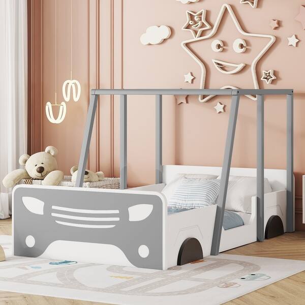 slide 2 of 10, Twin Pine Wood Car-Shaped Bed Floor Bed Frame with Roof Wheels, Door Grey - Twin