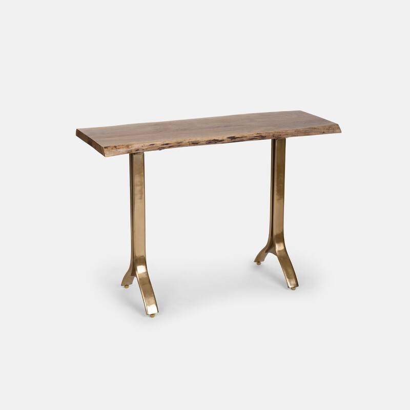 45.2 inch Solid Wood Console Table Natural Finish Gold Metal Accent Minimalist Design Entryway Hallway Living Room