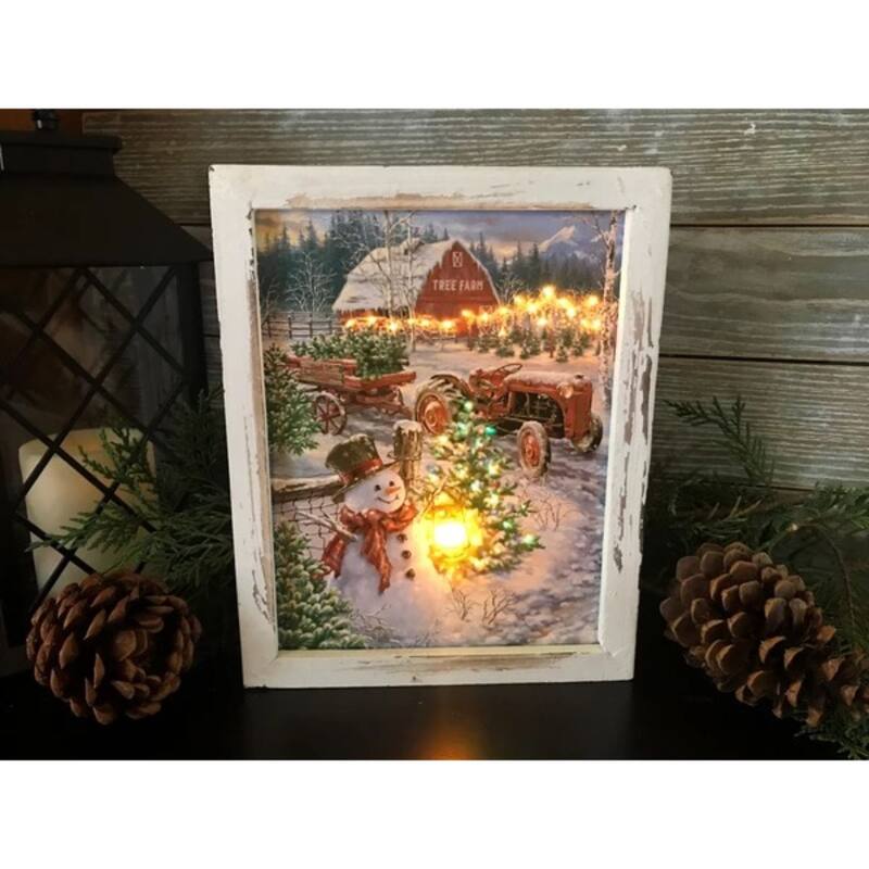 10" White Brown LED Lighted Christmas Tree Farm Shadow Box Decoration