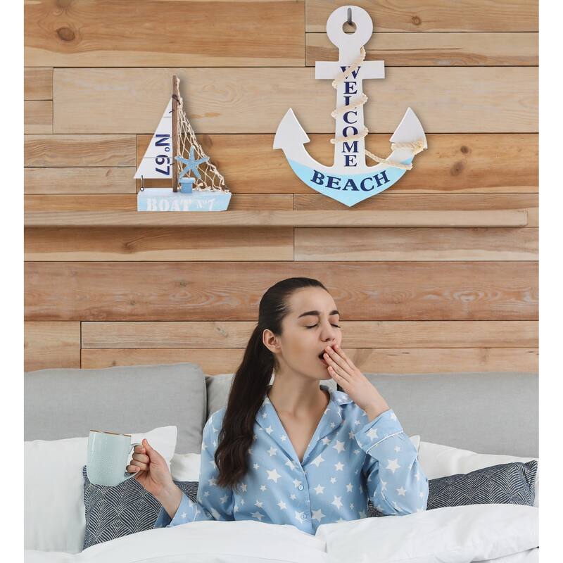 CoTa Global Blue Wooden Nautical Home Decor with Rope - Set of 4 - 9 x 4.3 x 4.3 inches