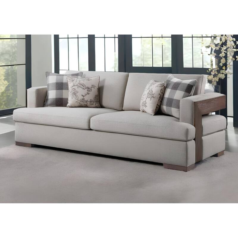 HomeRoots 92" Beige Fabric Sofa And Toss Pillows With Brown Legs - 92