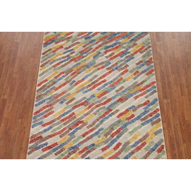 Hand Knotted Oriental 100% Wool Carpet Modern Stripe Multi-Colored Abstract Area Rug - 7' 9'' X 5' 8''