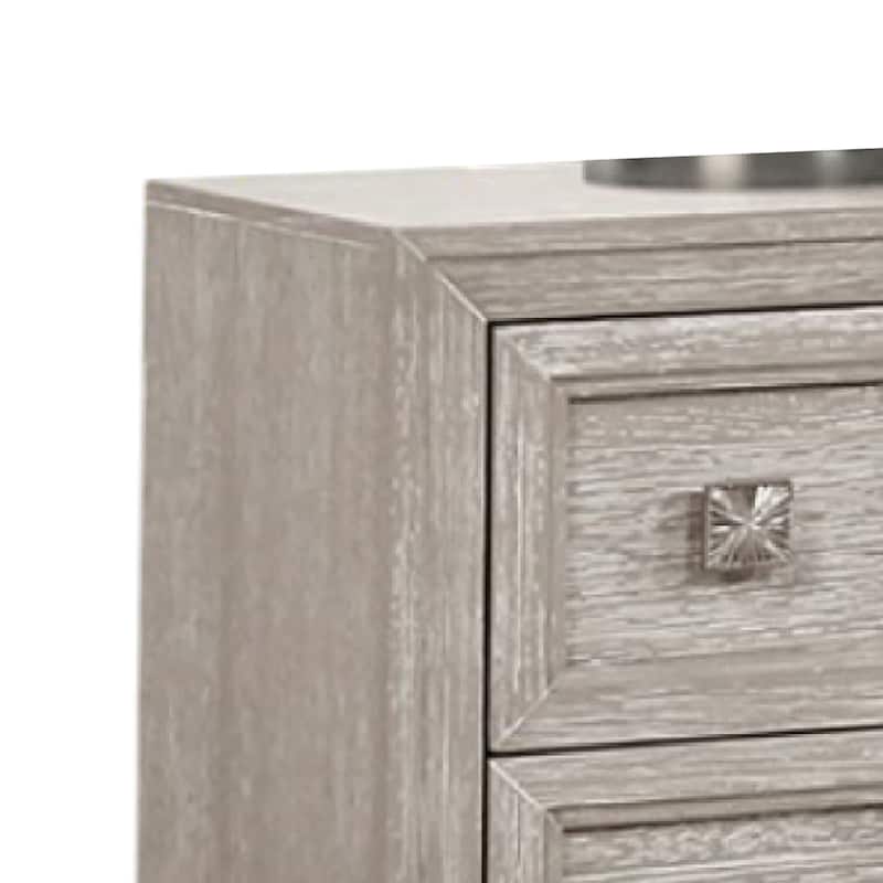 Diaz Nightstand with 2 Drawers, Sunburst Design Front, Light Gray Wood