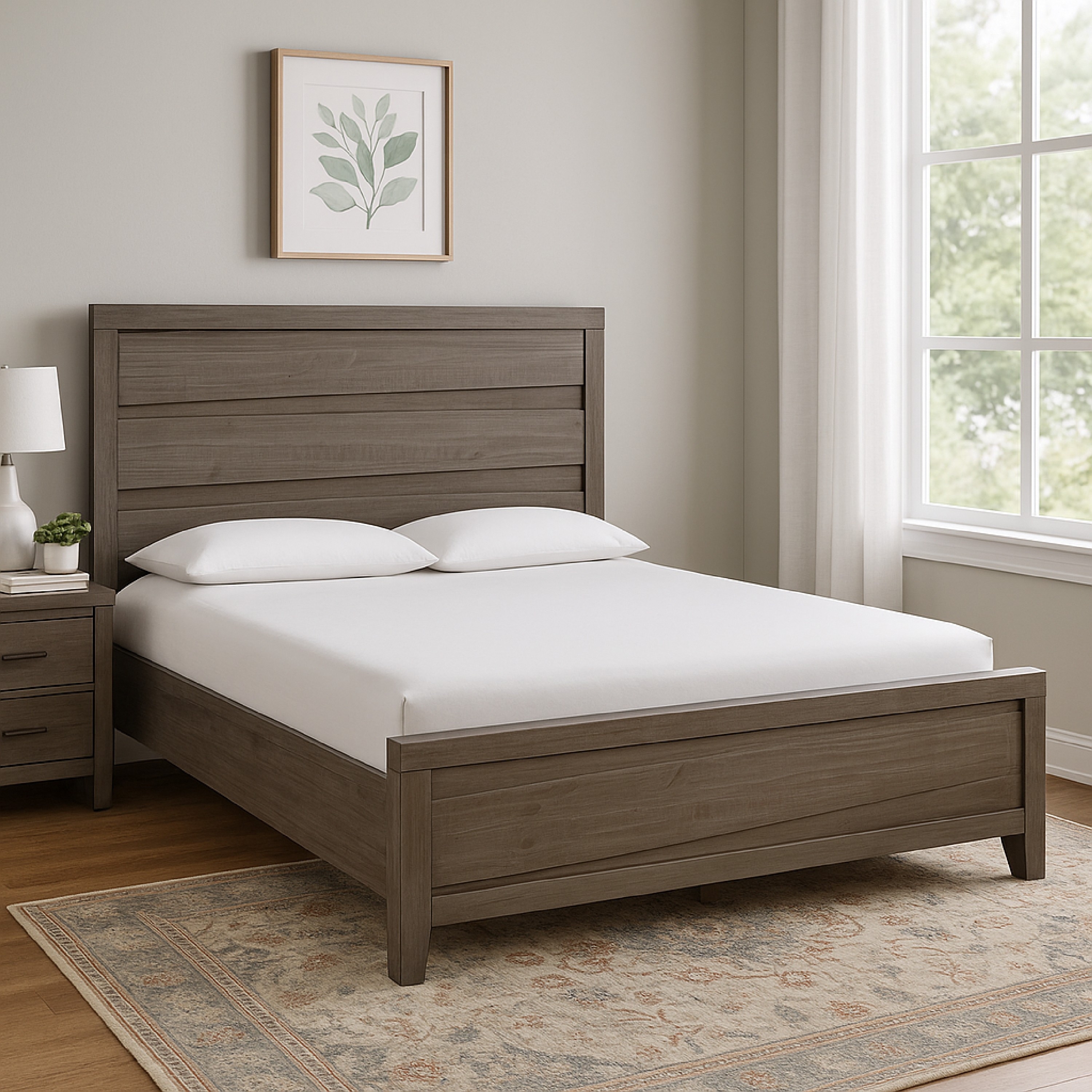 Vero King Size Bed, Roughhewn Brown Pine Wood, Asymmetric Panel Headboard