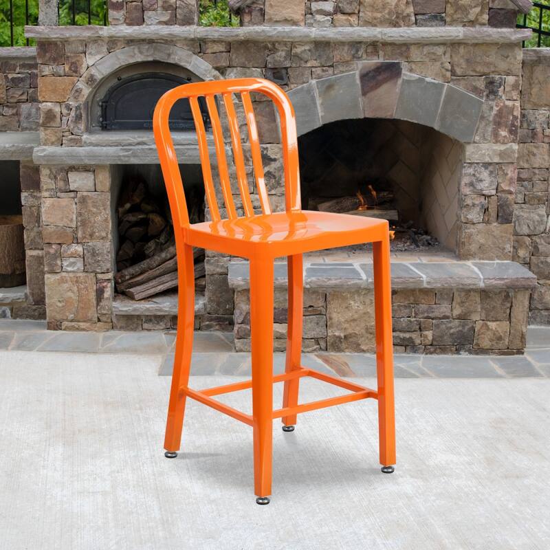 2 Pack 24'' High Metal Indoor-Outdoor Counter Height Stool w/ Vertical Slat Back - Orange
