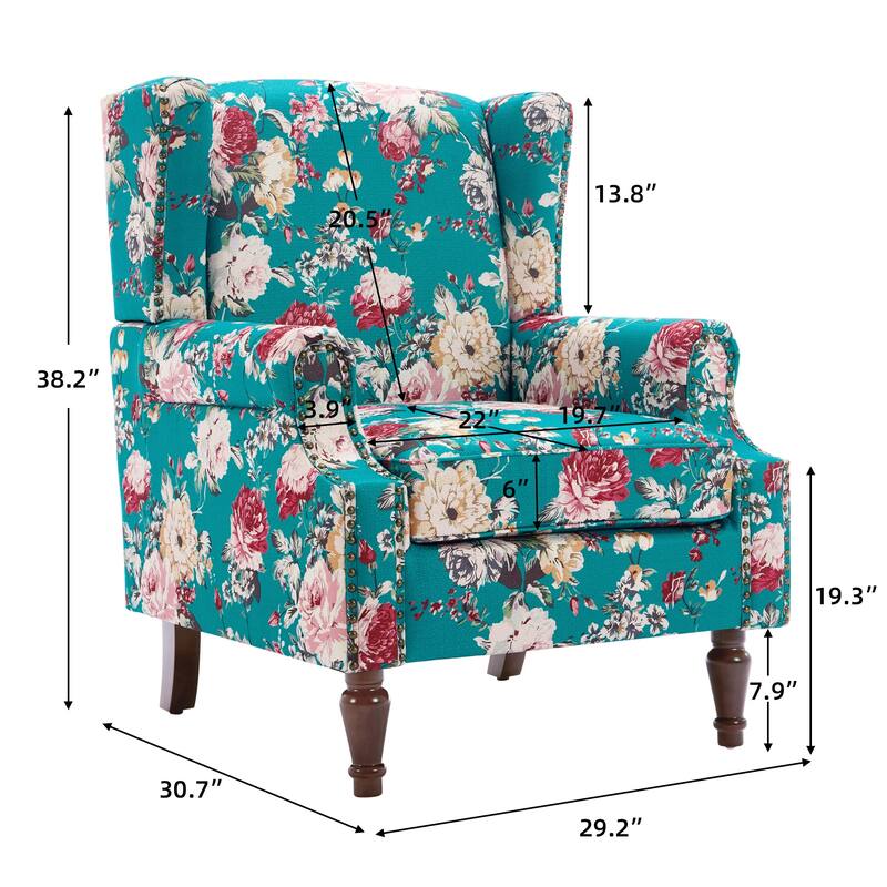 2 Set Transitional Patterned Wingback Accent Chairs with NailHead