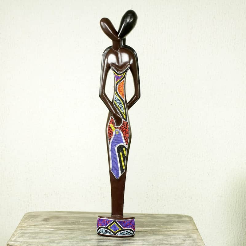 Novica Handmade Young Lovers Beaded Wood Sculpture