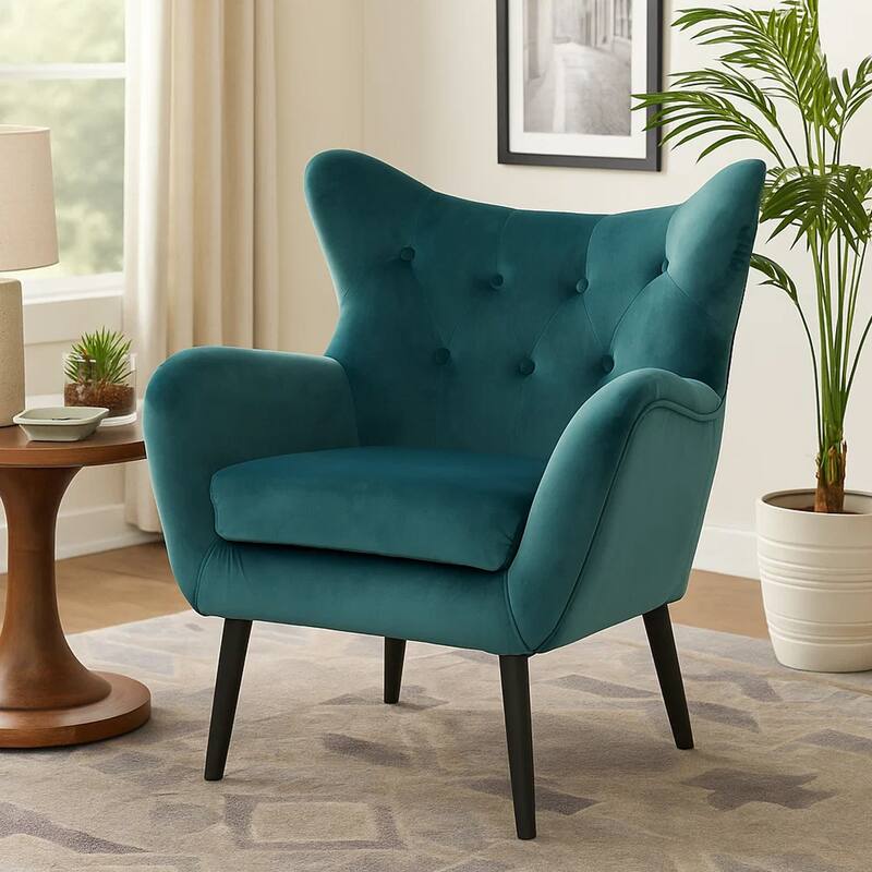 Riho Accent Armchair, Wingback Button Tufted, Teal Velvet