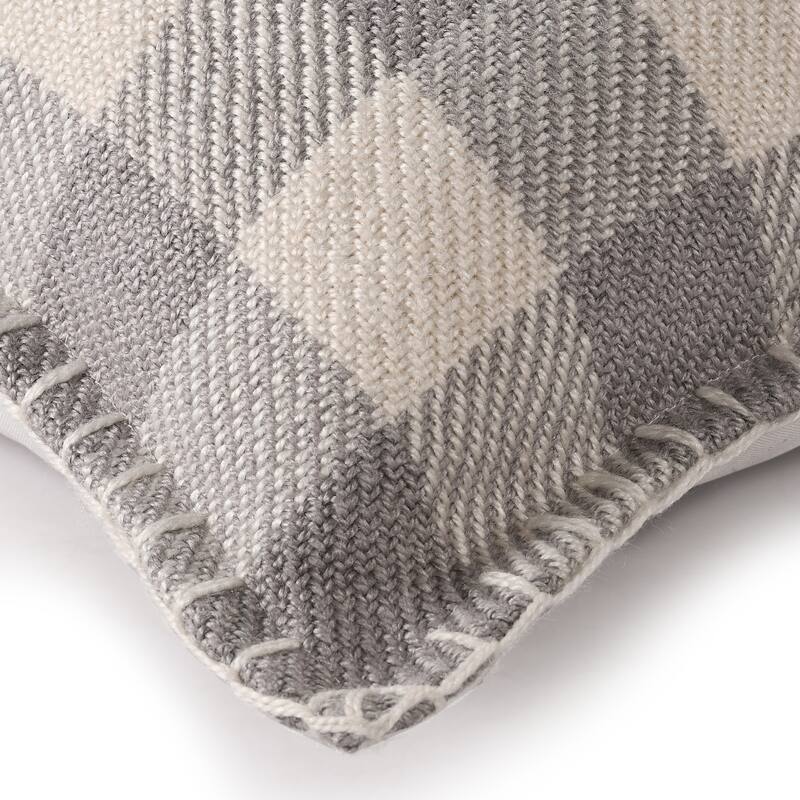 Sevita Hand-Woven Light Gray/Ivory Plaid Polyester Indoor/Outdoor Throw Pillow
