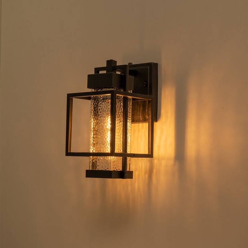 Modern Black 1-Light Hammered Glass Lantern Outdoor Wall Sconce
