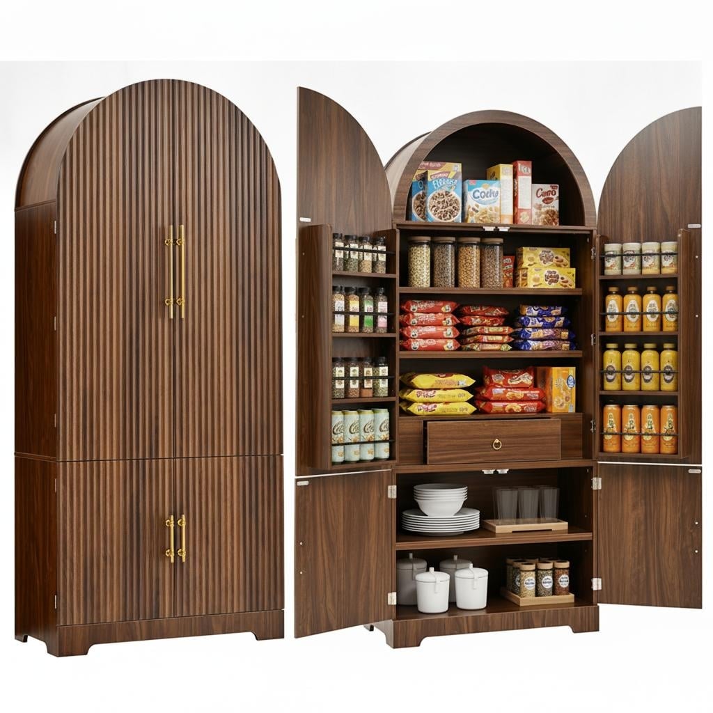 72" Tall Arched Kitchen Pantry Cabinet with 8 Door Shelves, Fluted Storage Cabinets with 3 Adjustable Shelves, Hidden Drawer