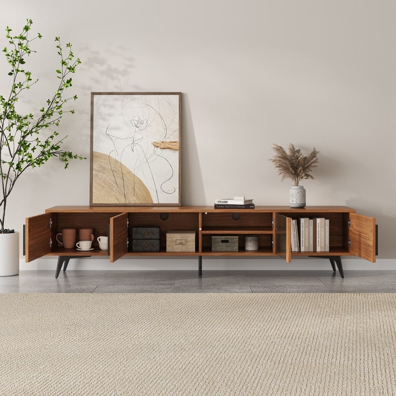 79" Mid-Century Modern Ribbed Wood TV Stand with Storage Cabinets and Glass Shelf – Entertainment Center Fits 85" TVs