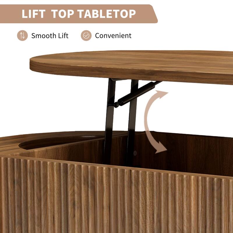 Fluted Lift Top Coffee Table with Hidden Compartment, Wooden Center Table, Modern Oval Lift Tabletop for Home Living Room