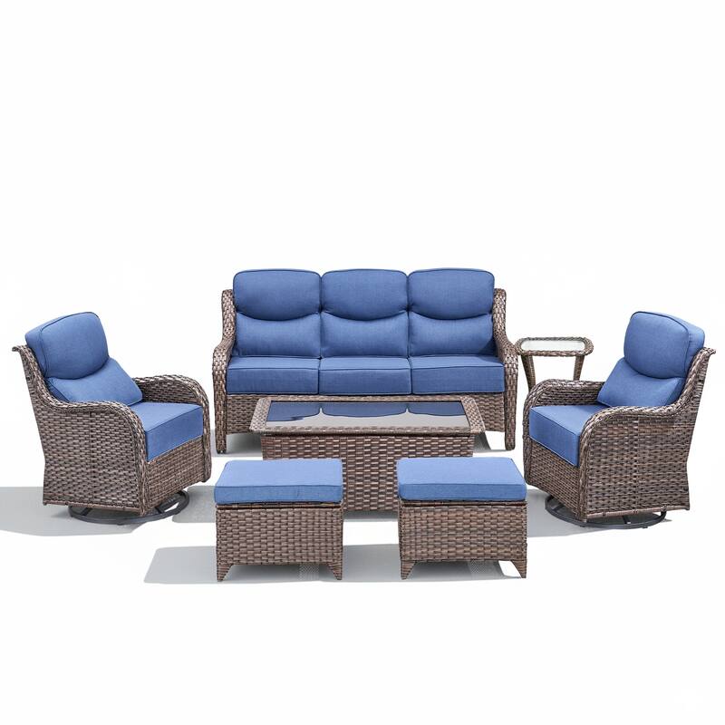 Meyreso 7-Piece Wicker Patio Conversation Set with Swivel Gliders and 6-Inch Thick Cushions