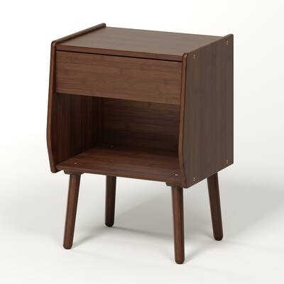Nightstand With Drawer And Open Compartment, Solid Wood Legs