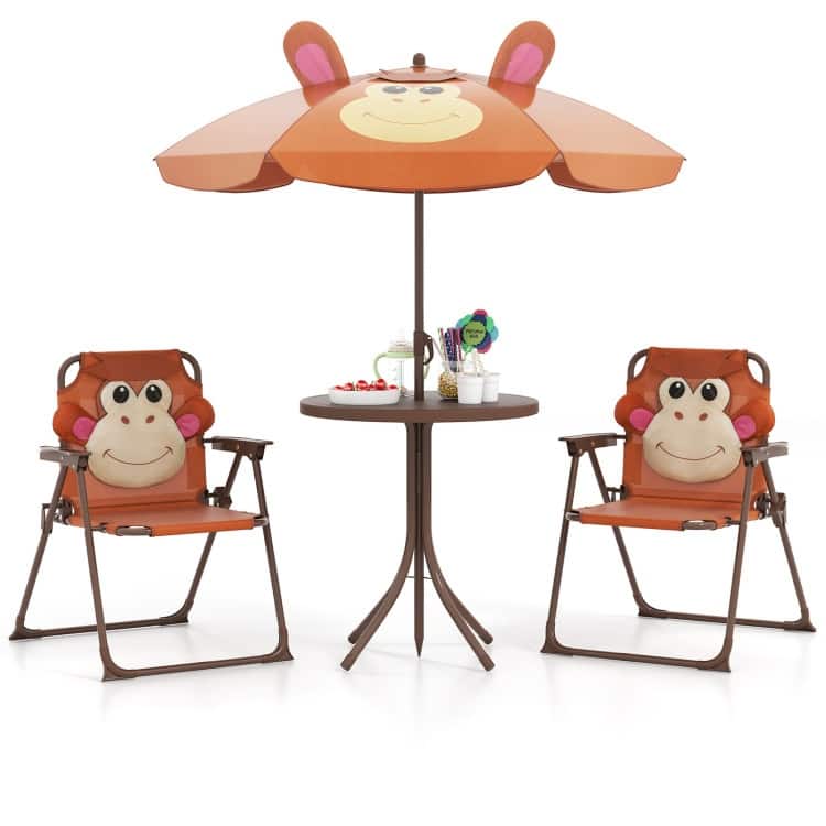 4 Pieces Kids Picnic Set with 2 Folding Chairs and Height Adjustable Umbrella-Light Green - Brown