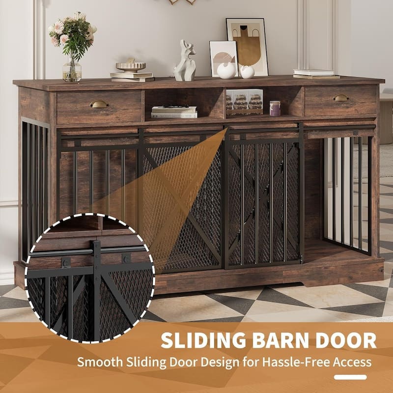 63 Inch Farmhouse Indoor Kennel Dog Crate Furniture with Double Doors