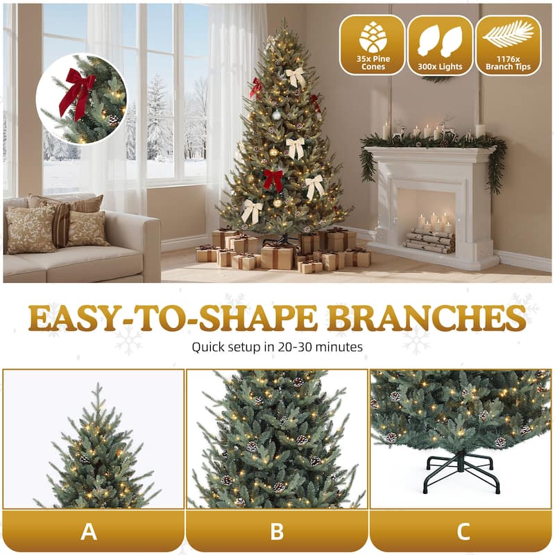 Prelit Hillside Spruce Christmas Tree with Adjustable Lighting and Pinecones