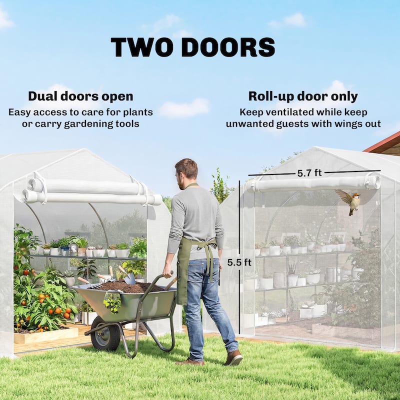 Outsunny 10'x11'x6' Walk-in Tunnel Greenhouse with Shelves, Mesh Door and Windows, Plant Hot House with PE Cover