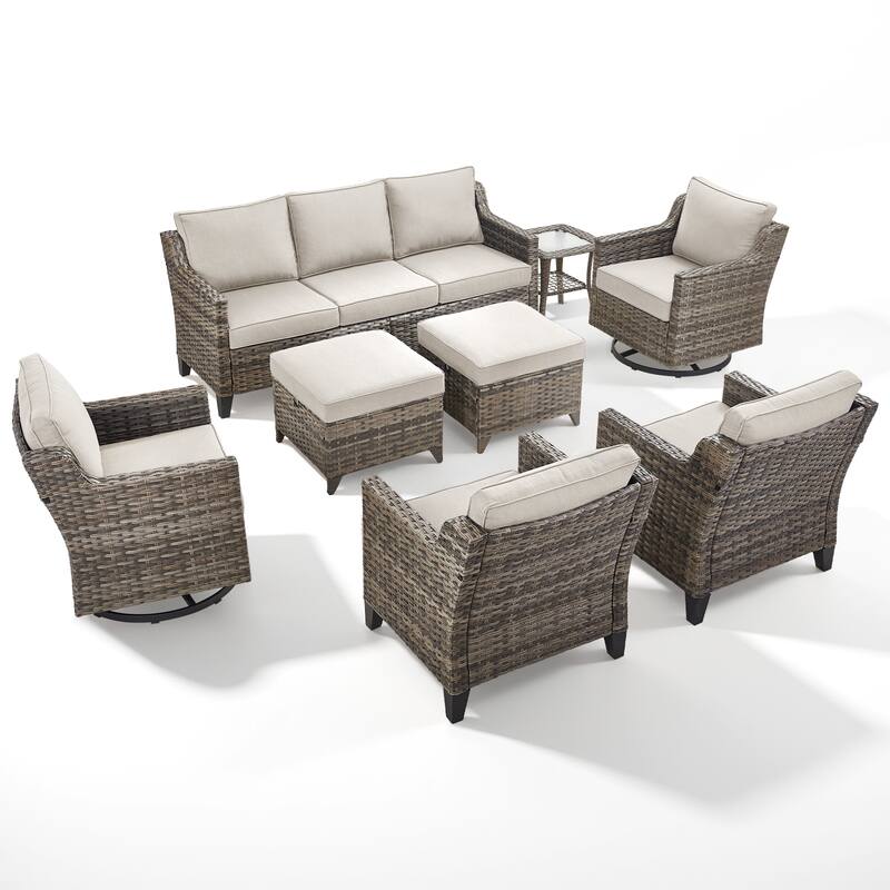 Pocassy Wicker Patio Sofa Glider Swivel Chair Ottoman Furniture Set.