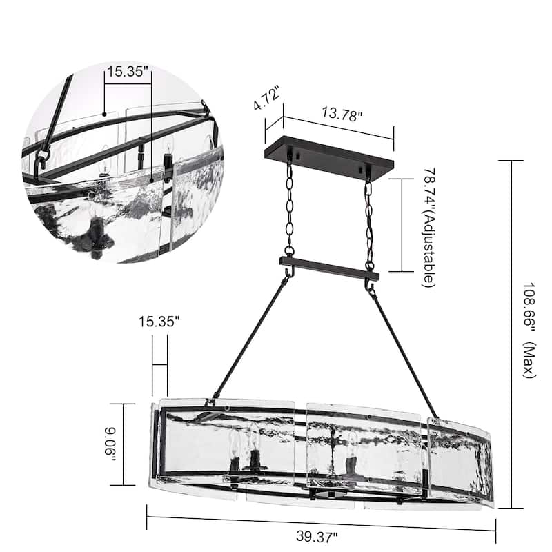 39.4" Linear 6-Light Textured Glass Chandelier Farmhouse Kitchen Island Pendant Light