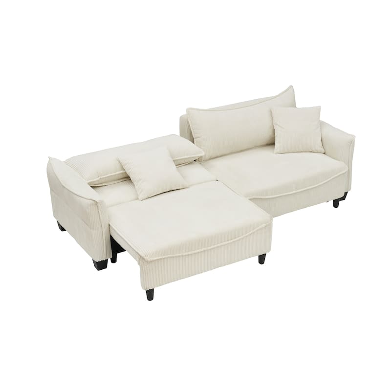 Beige 87.79" Corduroy 3-seater Sofa Bed with Two Throw Pillows and Storage for Living Room