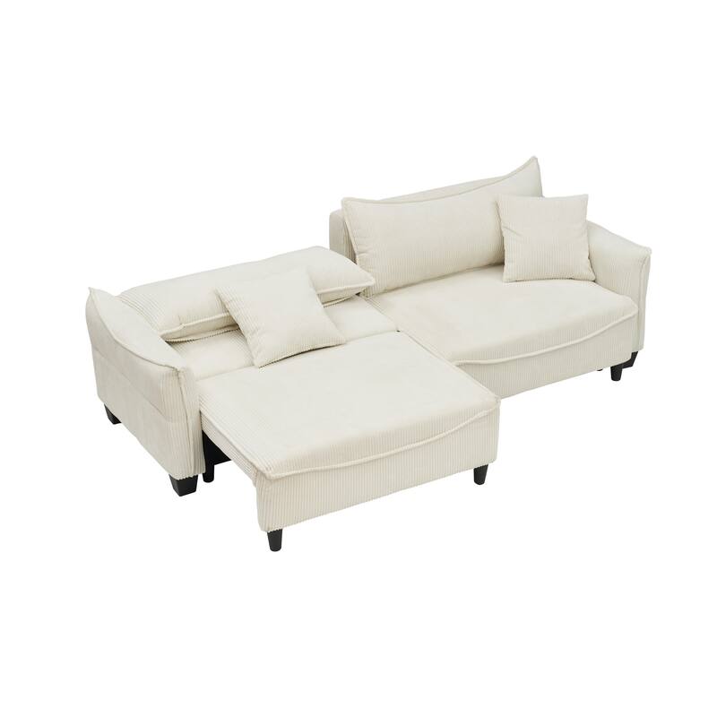 Beige Corduroy Sofa Convertible to Bed with Two Pillows