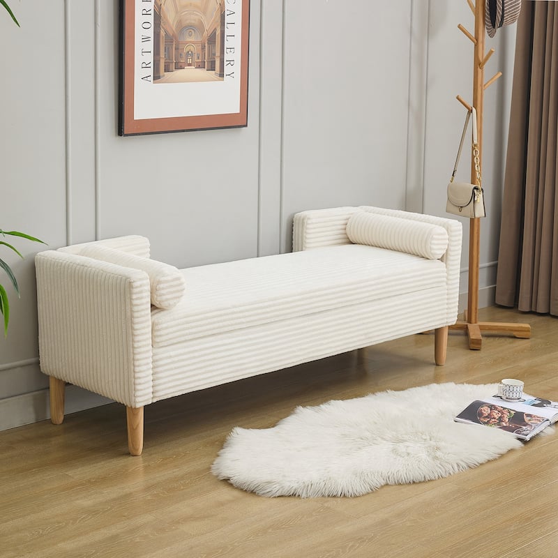 Corduroy Storage Soft Bench with Armrests, Backrest and Two bolster Pillows for Living Room, Entryway and Bedroom