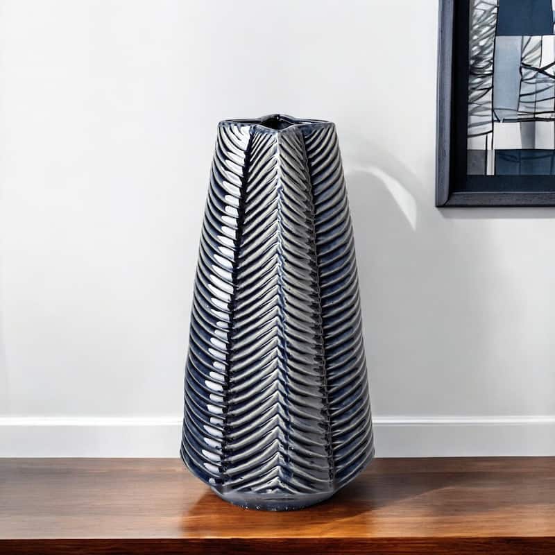 HomeRoots 10" Navy Blue Abstract Cylinder Ceramic Table Vase - 7" W x 16" H x 7" D