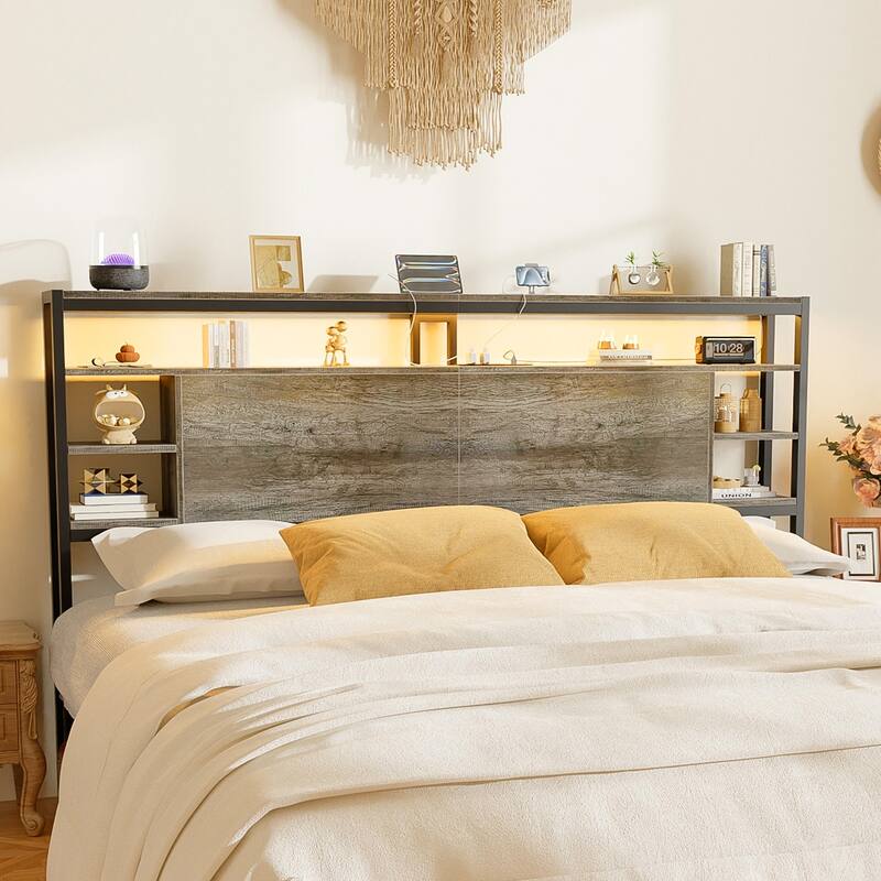 Headboards with Storage Shelves, Head Board with Power Outlet and LED Light for Bed Frame - Grey Oak - King