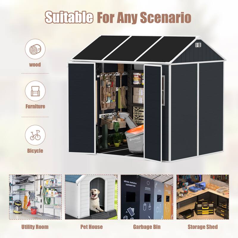 8*7ft Outdoor Storage Shed, Outdoor Resin Shed with Two-Window and Double-Door, Plastic Shed with Floor for Garden, Yard, Lawn