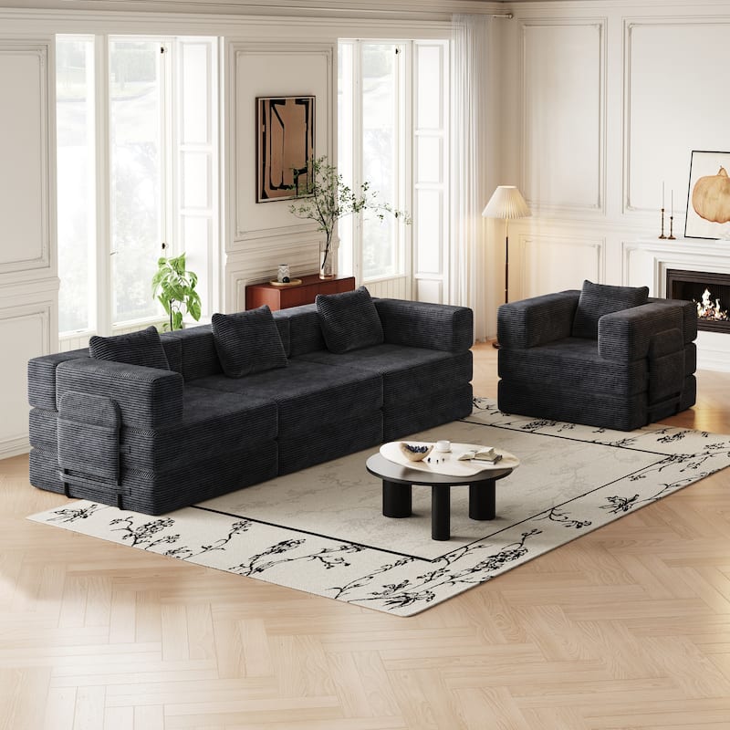 Corduroy Modular Sleeper Sofa Bed with Side Pockets and Anti-slip Pads