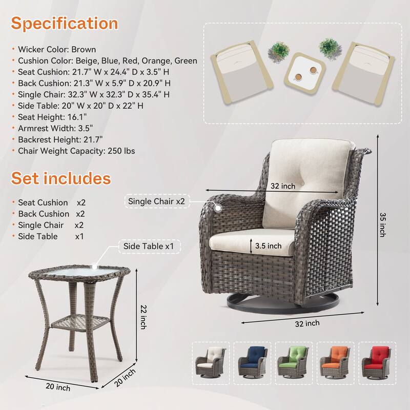 Cozywor 3-Piece Wicker Patio Swivel Outdoor Rocking Chair Set
