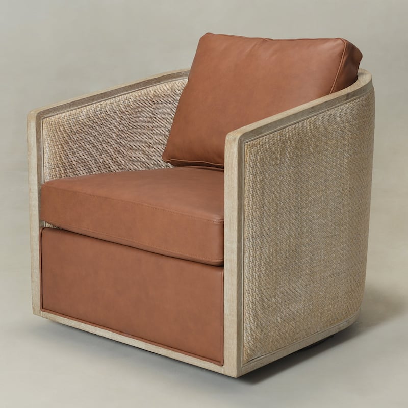 KINWELL 31"W Oak Frame Upholstered Swivel Barrel Armchair