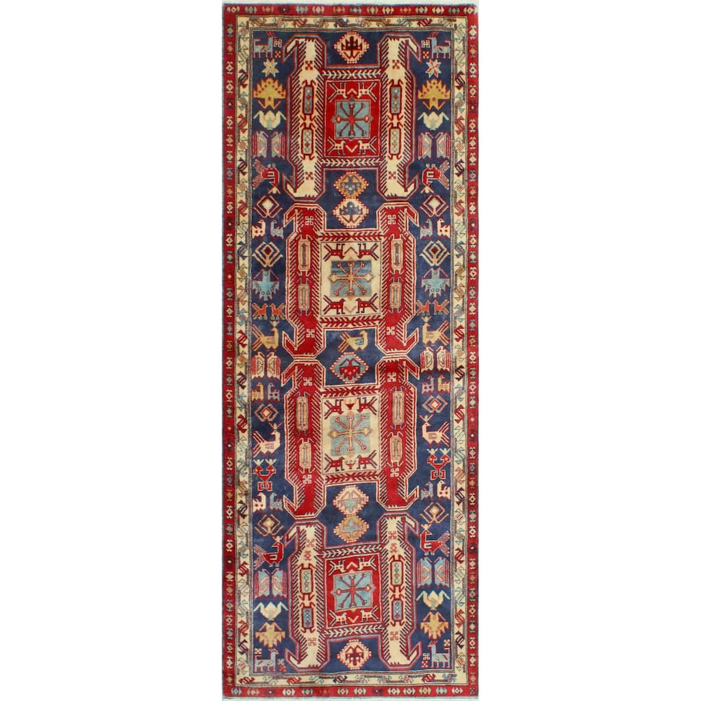 Fine Vintage Distressed Aryan Navy/Red Runner - 3'7" x 10'5"