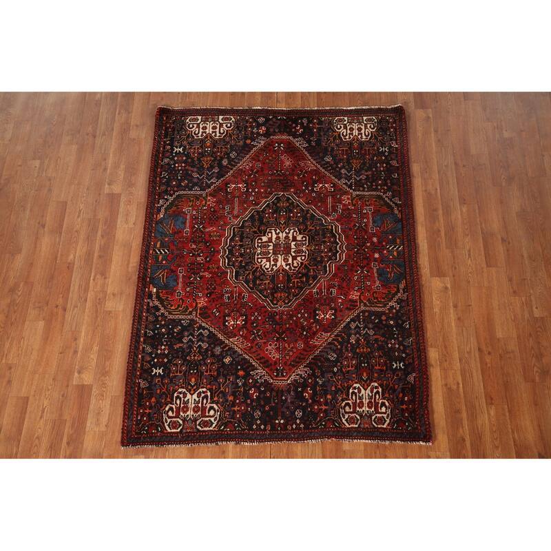 Vegetable Dye Shiraz Persian Antique Area Rug Handmade Wool Carpet - 4'3"x 5'10"