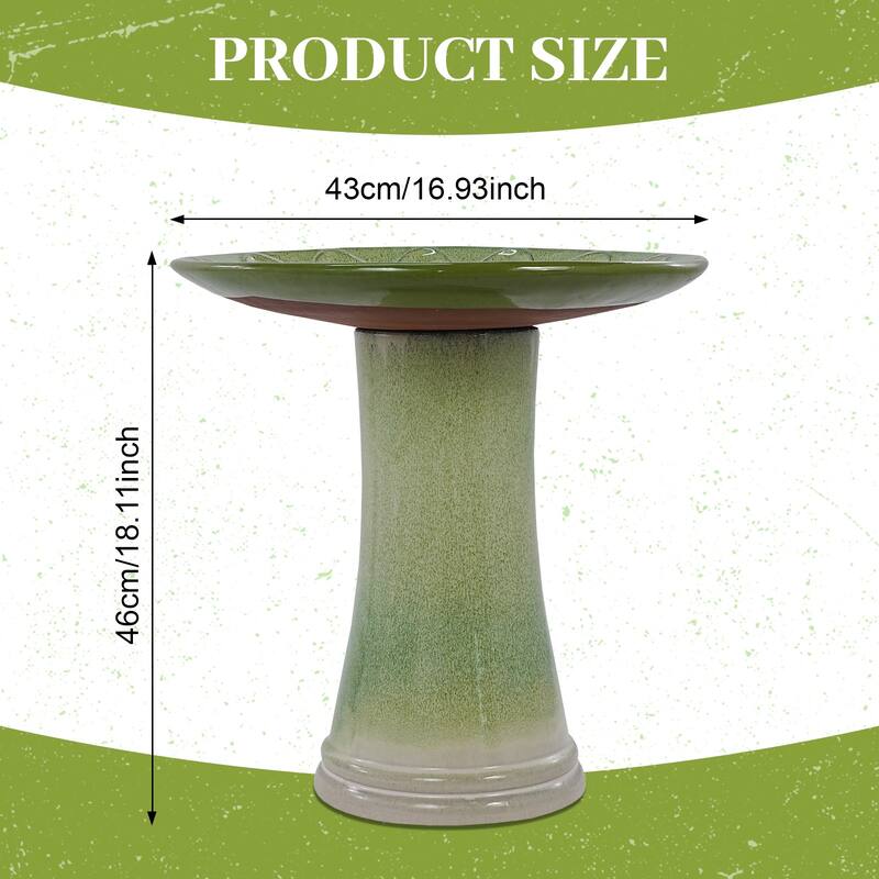 Handmade Green Gradient Glaze Ceramic Bird Bath, 16.93 inch Diameter 18.11 inch Height, Lightweight & Weather-Resistant