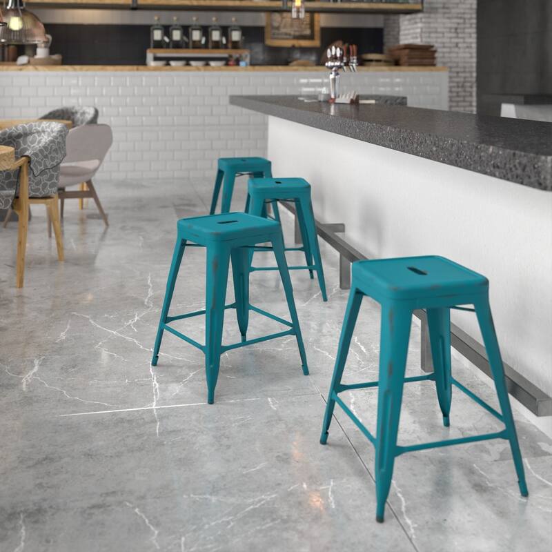 24" High Backless Distressed Metal Indoor-Outdoor Counter Height Stool - Kelly Blue-Teal