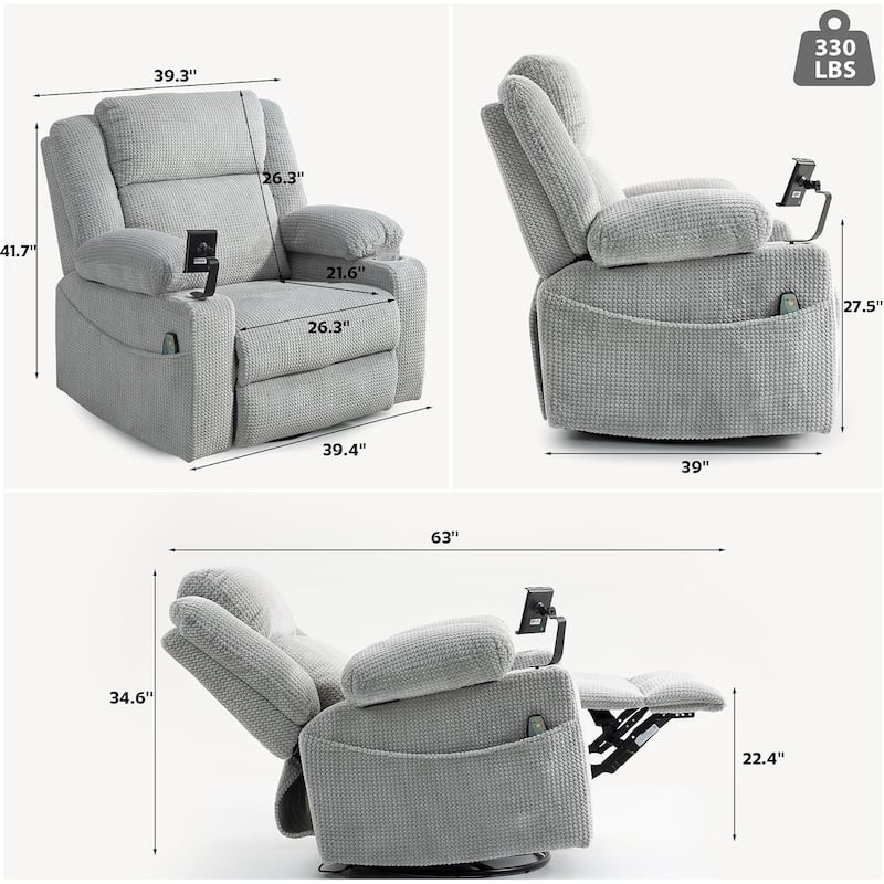 270° Swivel Velvet Recliner, Extra Wide Power Recliner Chair w/Heat Massage - USB & Type C Charging Port