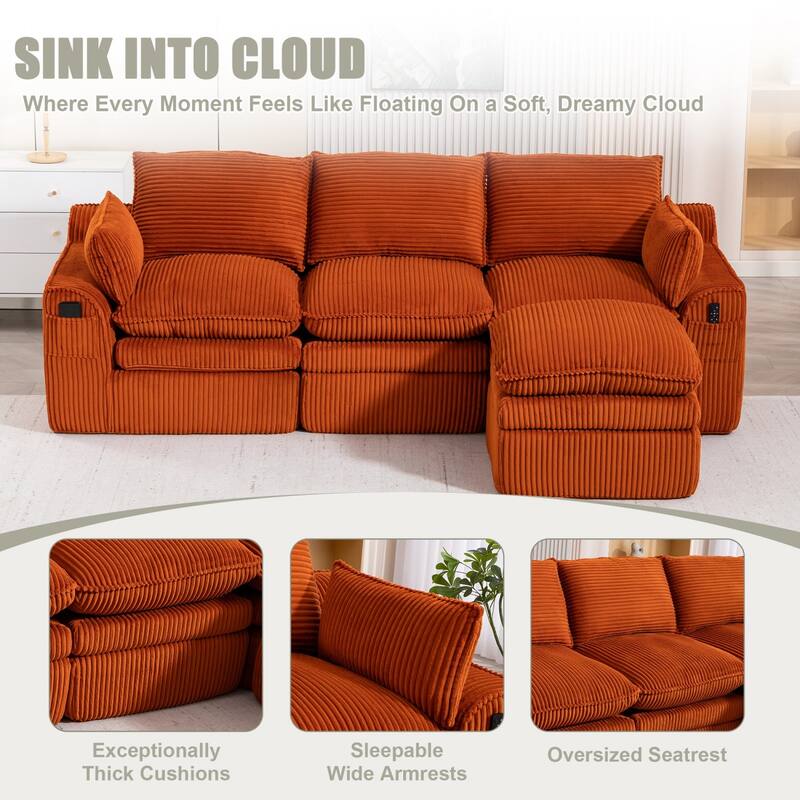 103" L-Shaped Corduroy Boneless Sectional Sofa with Movable Ottoman
