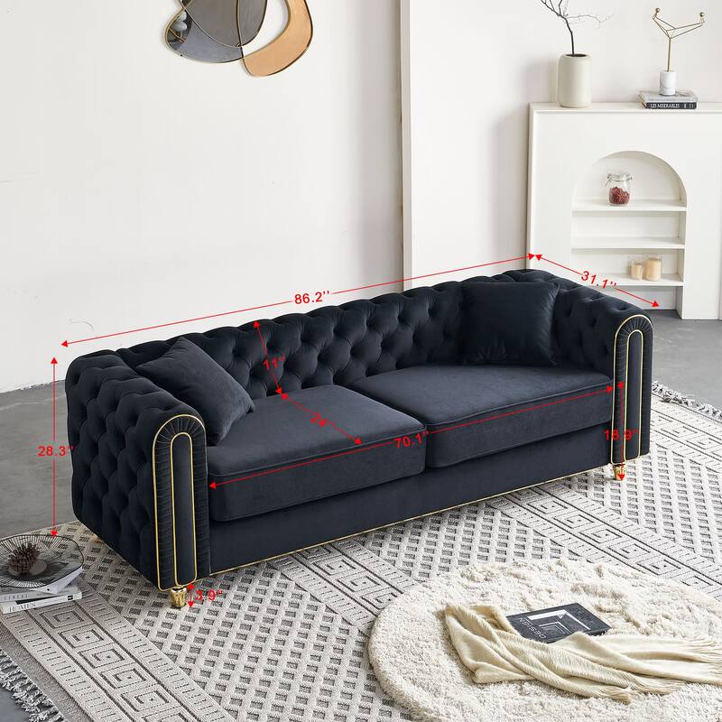 86'' Luxury Modern Tufted Black Velvet Sofa with 2 Toss Pillows