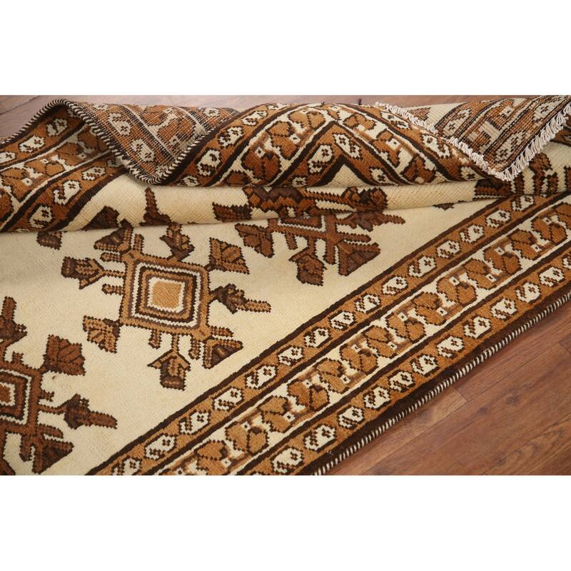 Hand Knotted Oriental 100% Wool Carpet Traditional Geometric Beige & Ivories Balouch Runner Rug - 6' 8'' X 3' 4''