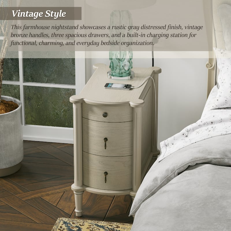 COZAYH Farmhouse 3-Drawer Bedside Table with Charging Station, Vintage Bronze Handles, Solid Pine Legs