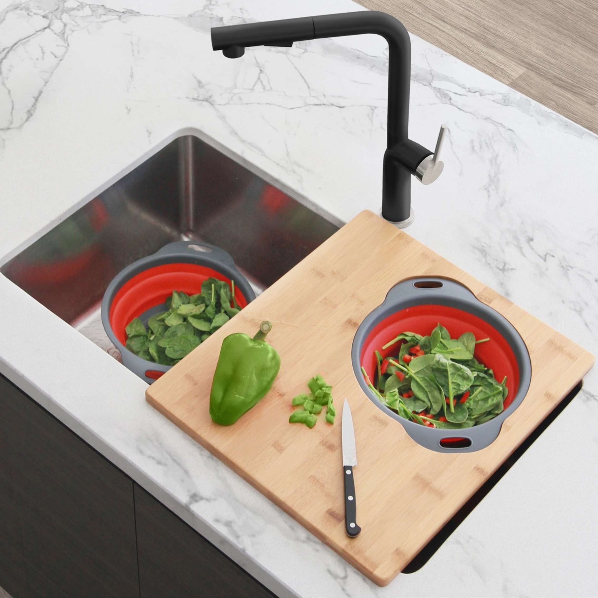 Over the Sink Cutting Board with Collapsible Colander and Extra Long  Extension by Good Cooking 