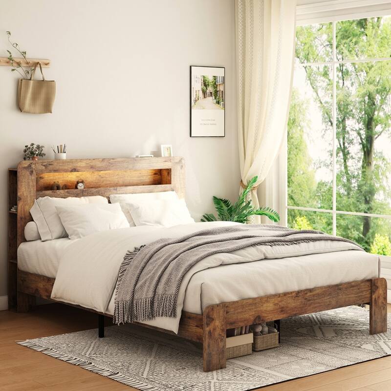 Wood Platform Bed Frame with Storage LED Light Headboard and 2 USB - Queen - Dark Brown
